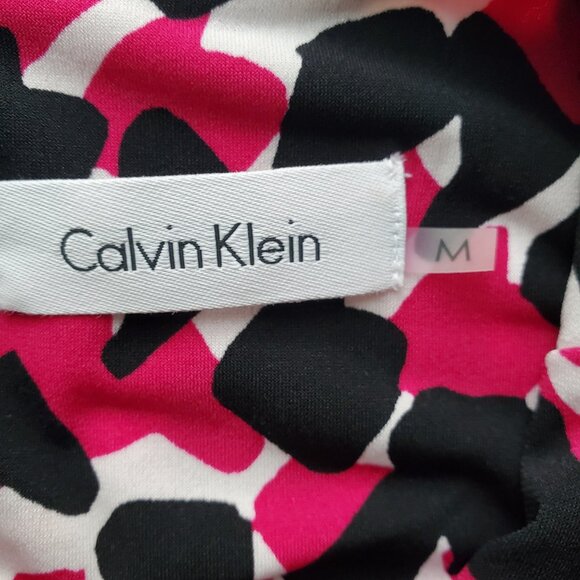 Calvin Klein Geo Print Black Magenta White Pleated Neck Sleeveless Blouse M - Picture 6 of 13